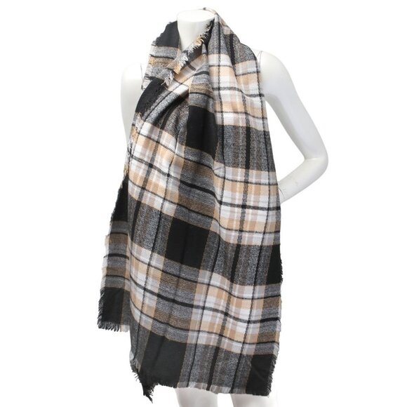 Plaid Soft Long Scarf Wrap WideBlack Brown White Yellow - Picture 6 of 6